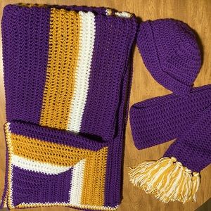 LSU handmade crotchet adult blanket, beanie and scarf
